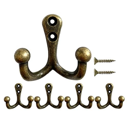 Image of Beilala Coat Hooks Wall Mounted, 5 Pack Bronze Heavy Duty Double Prong Vintage Hook with Screws for Hanging Clothes Robe Towel Hat Key Bag Cup