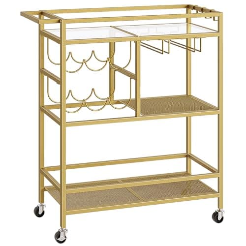 Image of MAHANCRIS Bar Cart for Home, 3-Tier Serving Cart with Wheels and Handle, Beverage Cart with Wine Rack and Glass Holders, Rolling Wine Cart for Kitchen, Dining Room, Gold ARCJ61B01