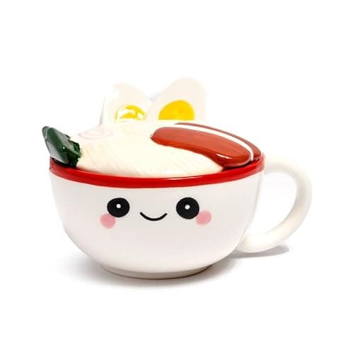 Image of Puckator Nori The Ramen Foodiemals Ceramic Lidded Mug - Funny Home Accessories - Cute Gifts for Girlfriend - Large Mugs for Men Women Hot Drinks - Cups Presents - Secret Santa Gift Cup Set
