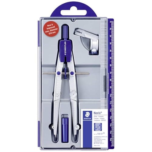 Image of STAEDTLER 550 01 Noris School Compass with Centre Wheel, Universal Adapter and Lead Box (350 mm Diameter), Blue / Silver