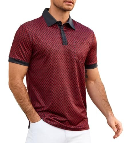 Image of Mens Print Golf Shirt Quick Dry Fit Short Sleeve Performance Polo Shirts for Men Moisture Wicking Collared Shirt with Pocket Red 3XL