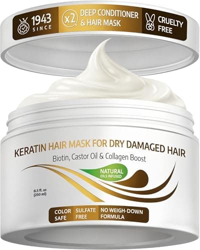 Image of VITAMINS Hair Cosmetics Keratin Hair Mask for Damaged Hair - Protein Keratin Treatment Deep Conditioner for Dry Locks - Collagen Biotin & Castor Oil Repair Dryness & Enhance Shine - 250 ML