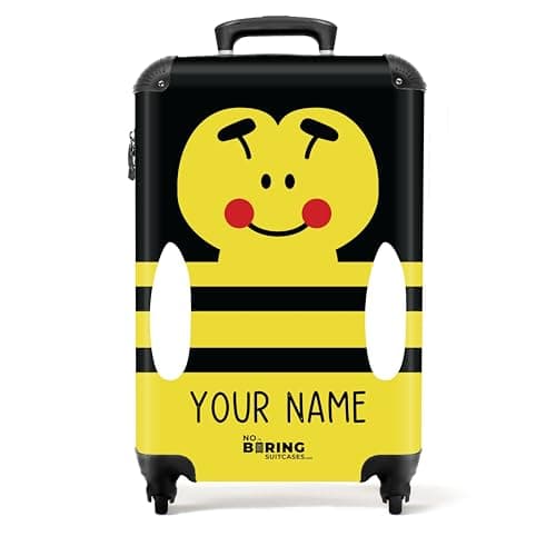 Image of NoBoringSuitcases.com® Children's - Kids - Personalised Lightweight Hand Luggage on Wheels - Cabin Suitcase - Bee - Black-Yellow - 55x40x20cm - Hard Shell Trolley - 10kg