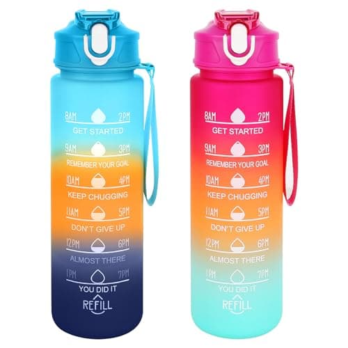 Image of MJFENDAI 2pcs Sports Water Bottle, 750ML Water Bottle with Straw, Leak Proof Flip Top Lid, BPA Free, Drinks Bottle with Straw and Time Scale for Gym, Hiking, Fitness, Yoga (2 Bottle)