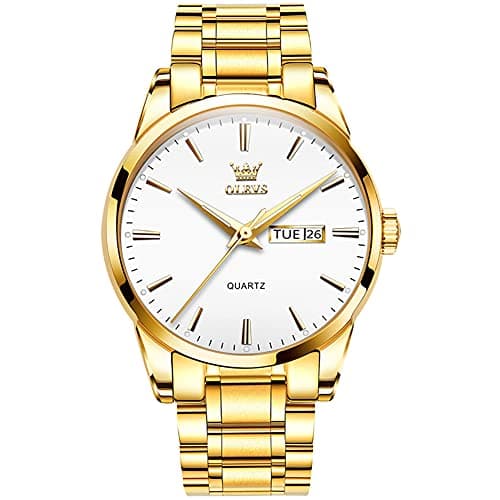 Image of OLEVS Gold Watches for Men Big Face White Dial Stainless Steel Analog Quartz Men's Wrist Watch Casual Simple Waterproof Men's Dress Watches Luminous with Date Day Easy to Read Men Watch