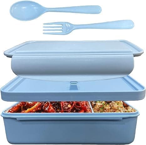 Image of Eco-Friendly 11OO ML Lunch Box with Compartments, Bottle & Cutlery, Leak-Proof Bento Lunch Box for Work, School & Travel, Microwave Safe Lunchbox, Added Lunch Bag for Women (Anti-Bacterial Lunch Box)