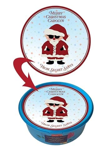 Image of Personalized Secret Santa Sticker for Cadbury Roses, Heroes & Celebration Chocolate Tubs, Self-Adhesive Label, 205mm Diameter, Christmas Theme