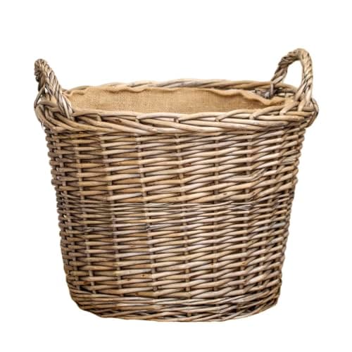 Image of Willow Lined Log Basket Large 43x40x43cm Antique Wash Round Home Wood Fireplace Storage