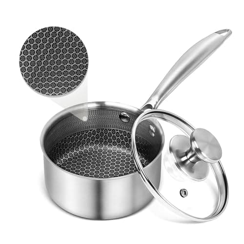 Image of Tieplis 14cm Non Stick Saucepan with Glass Lid - 304 Stainless Steel Sauce Pot, Honeycomb Technology, Induction Compatible, PFOA Free