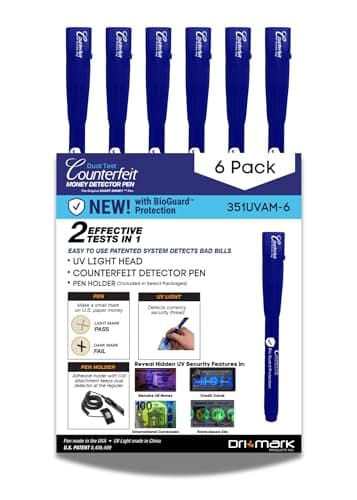 Image of Dri Mark BioGuard Dual Test Counterfeit Money Detector Pen, UV Light 6 Pack - Fake Money Bill Checker, Tests for Security Strips and Authentic Currency Paper, 6 UV Light/Pens