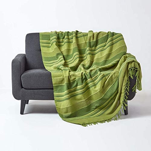 Image of Homescapes Morocco Green 100% Cotton Sofa Throw Soft Blanket 150 x 200 cm Green Striped Fringe