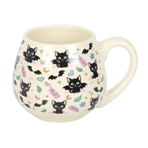 Image of Something Different Wholesale Cute and Creepy Cat Print Rounded Mug with Black Cats, Moons, and Stars – 500ml Ceramic Mug for Cat Lovers and Witches – Microwave and Dishwasher Safe