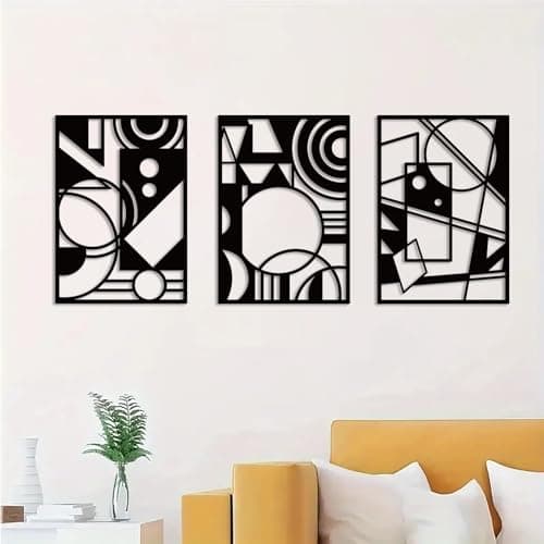 Image of DUOOLN Large 3 Pcs Abstract Metal Wall Art, Black Modern Geometric Decor Hanging, Minimalist Single Line Wall Décor Sculptures, Living Room Bedroom Bathroom Office Farmhouse Decoration-37x15.7in