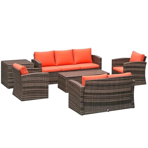 Image of Outsunny 6 Pieces Rattan Garden Furniture Set Wicker Outdoor Sofa Sectional Patio Conversation Furniture Set w/Storage Table and Cushions, Orange