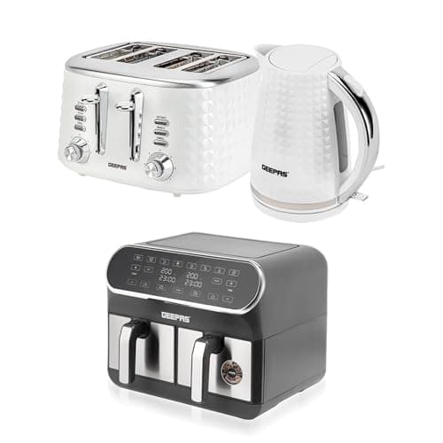 Image of GEEPAS 8L Dual Basket Air Fryer, 1.7L Kettle & 4 Slice Toaster Appliances Set, 2200W Kettle Textured with Design, Wide Slot Toaster Variable Browning Control, Air Fryer with LED Display, White