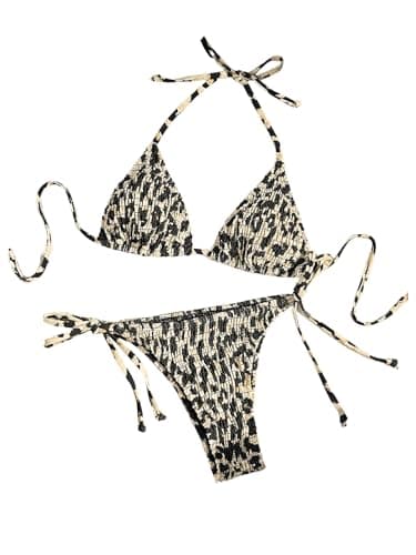 Image of GORGLITTER Women's Leopard High Waisted Bikini Set Halter Tie Neck Swimsuit Triangle Tie Side Thong Sexy Swimwear Khaki L