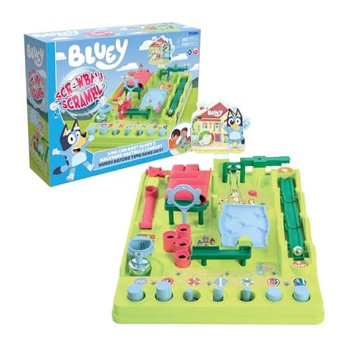Image of TOMY Bluey Screwball Scramble ML, Retro Maze Game With Obstacles And Timer, Skill-Based Puzzle Challenge, Magnetic Crane, Tilting Bridge, Solo Or Multiplayer, Includes 2 Balls, Age 5+