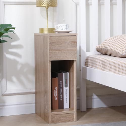 Image of Pantanal 20CM Slim Bedside Table Cabinet Oak with Drawer Shelf, Small Narrow Wood Bed Side Table End Table Nightstand for Bedroom Living Room