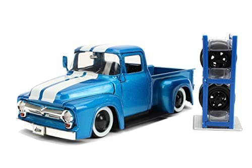 Image of Just Trucks 1:24 1956 Ford F-100 Die-cast Car Blue/White Stripes with Tire Rack, Toys for Kids and Adults
