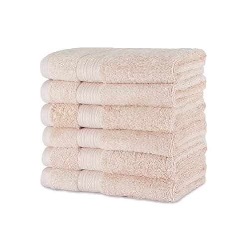Image of Amazon Basics Towel Set, Fade Resistant 100% Organic Cotton, soft and absorbent Hand Towels for Bathroom, 41 x 66 cm, Blush Pink, 6-Pack