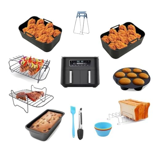 Image of Air Fryer Accessories for Ninja Foodi Dual, AF300UK 7.6L, AF400UK 9.5L, SL400UK, Tower T17088 9L, Set of 11 Including Silicone Air Fryer Liners, Air Fryer Rack
