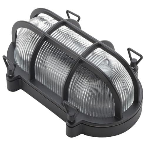 Image of Matt Black & Ribbed Glass Outdoor Vintage Oval Flush Bulkhead Wall Light | 25cm Length | IP44 Rated | 1 x ES E27 Lamp Bulb Required | Bathroom Use | UK Approved | Low Profile Height Only 10.5cm