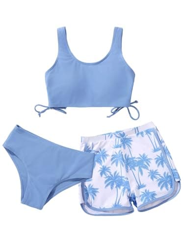 Image of Girl's Swimsuits Bikini Set Shorts Girls 3 Piece Bathing Suit with Cover Up Beach Swimming Shorts for Teen Junior Girls 2 pieces Swimsuit Swimming Shorts Size 9 10 11 12 13 Years