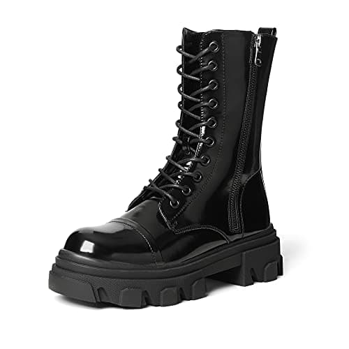 Image of DREAM PAIRS Womens Combat Boots Lace up Mid Calf Low Heel Chunky Platform Lug Sole Boots,Size 6,Black,DMB215