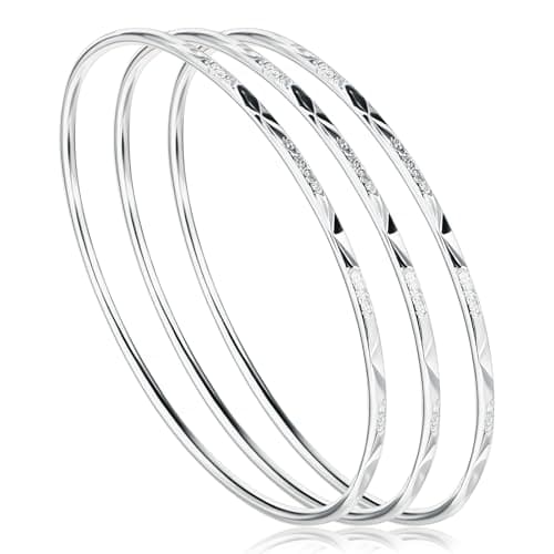 Image of Lusofie 3Pcs 925 Sterling Silver Bangle Bracelet for Women, Elegant Shiny Star Cuff Bangle Bracelet for Mom, Wife on Valentine's Day, Mother's Day(2.51in)