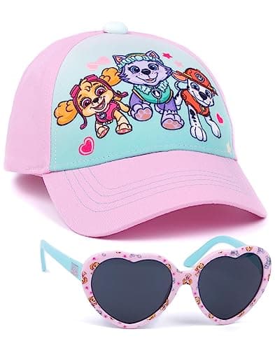 Image of Paw Patrol Girls Snapback Cap & Sunglasses | Pink Summer Hat & Love Heart Shades for Kids | Skye, Everest & Marshall Adjustable Clasp Holiday Headwear | Cool Merchandise Gift for Children