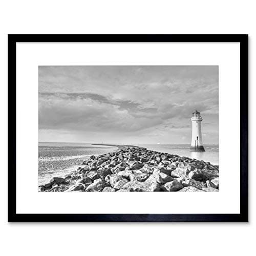 Image of Wee Blue Coo LIGHTHOUSE BLACK AND WHITE JETTTY WHARF SEASCAPE FRAMED ART PRINT MOUNT B12X8762