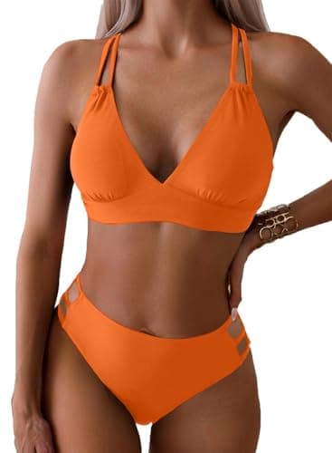 Image of Yutdeng Women's Bikini Sets 2 Piece Push Up V Neck Padded Swimsuit Adjustable Criss Cross Back Two Piece Swimwear Cutout Mid Waist Swimming Costume Beach Pool Spa Bathing Suits,Orange,L
