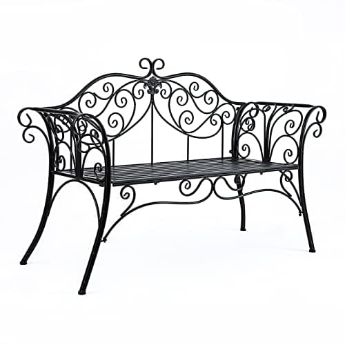 Image of HLC Metal Antique Garden Benches Clearance Outdoor wrought iron Bench 2 Seat with Decorative Cast Iron Backrest Iron Cast Aluminium Bench for Garden,Patio, Porch and Yard Max 250kg (Black)