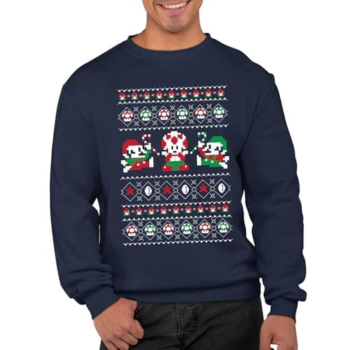 Image of Graphic Impact Inspired Gamers 8 bit Plum Video ber Game Ugly Christmas Sweater Xmas Jumper (Navy Blue, XLarge)