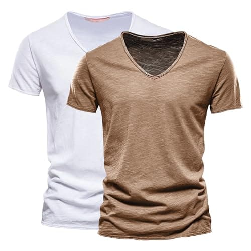 Image of Men's Round Neck Cotton Short Sleeve 2 Pack T-Shirts V-Neck Wide 3 T Shirts Casual Sport, Color 2-2pc, M