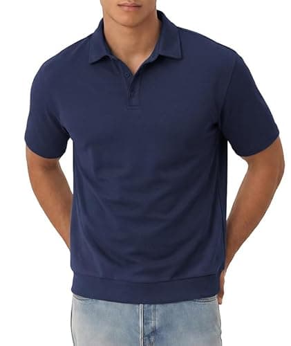 Image of Elainone Men's Casual Knitted Polo Short Sleeve Golf Shirt for Men 3 Button Collar T-Shirt Smart Business Navy