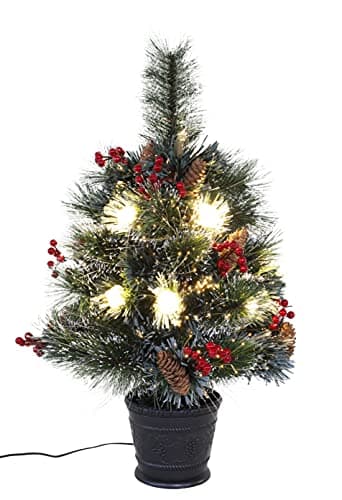 Image of Christmas Concepts® 60cm (2ft) Pre Lit Frosted Fibre Optic Christmas Tree With Warm White LED Rose Lights & Natural Cones & Red Berries