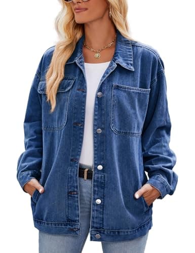 Image of Sukany Women's Retro Casual Denim Jacket Oversized Button Up Long Sleeve Loose Lapel Washed Denim Shacket Coat Dark Blue XL