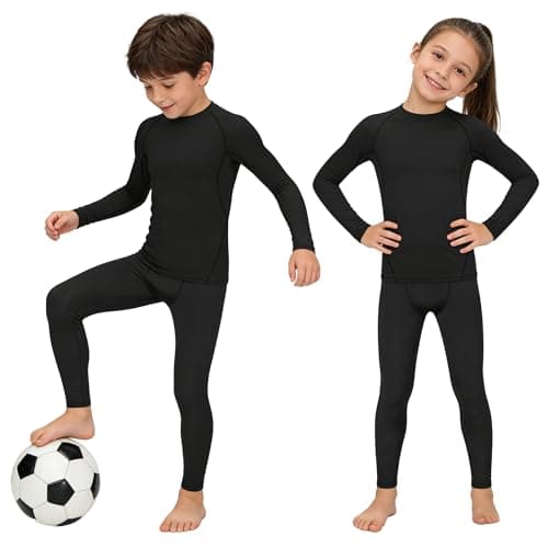 Image of HovSiyla Youth Boys' Compression Base Layer Set Athletic Tights Top Sports Leggings and Shirts for Kids Black Medium