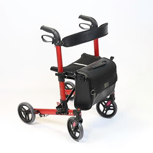 Image of NRS Healthcare Compact Easy Lightweight Folding 4 Wheeled Rollator Walking Aid with Seat, Backrest and Removable Bag, Red