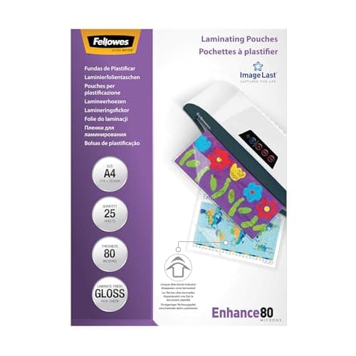 Image of Fellowes A4 Laminating Pouches - Gloss Finish - 25 Sheets - 160 Micron (2x80) Clear & Durable Laminating Pouch with Image Last Directional Quality Mark - Ideal for Photos and Notices