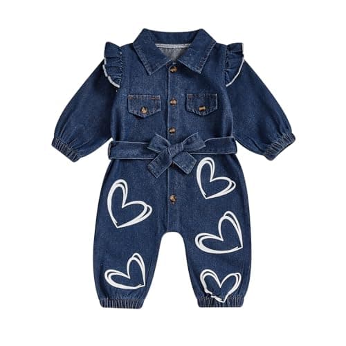 Image of Toddler Baby Girl Romper Denim Clothing Heart Print Long Sleeve Ruffle Button Jumpsuit With Bow Belt Infant Overalls Girls Fall Winter Clothes (Blue, 9-12 Months)