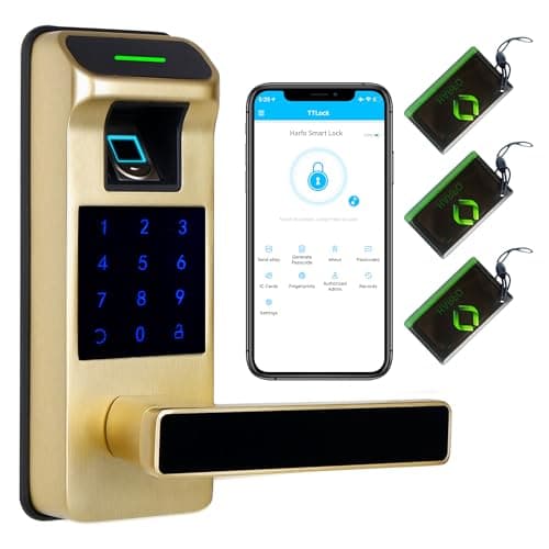 Image of Harfo Fingerprint Door Lock, Heavy Duty Full APP Control Touchscreen Keypad Keyless Lock with Reversible Handle, Perfect for Home/Office/Bedroom Doors (Gold)