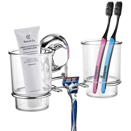 Image of MaxHold No-Drilling/Suction Cup Double Toothbrush Tumbler Holder - Vaccum System - Stainless Steel Never Rust - for Bathroom & Kitchen