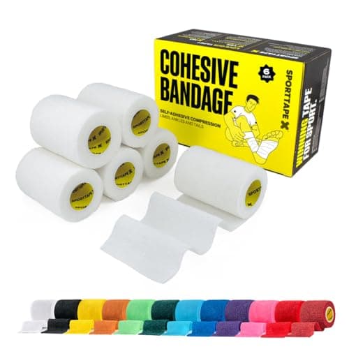 Image of SPORTTAPE 6 Rolls Self-Adhesive Cohesive Bandage, 7.5cm x 4.5m, White - Compression & Vet Wrap for Dogs, Horses, Sports Stretch Tape for Football, Ankles, Joints, Fingers, Wrists & Sock Tape