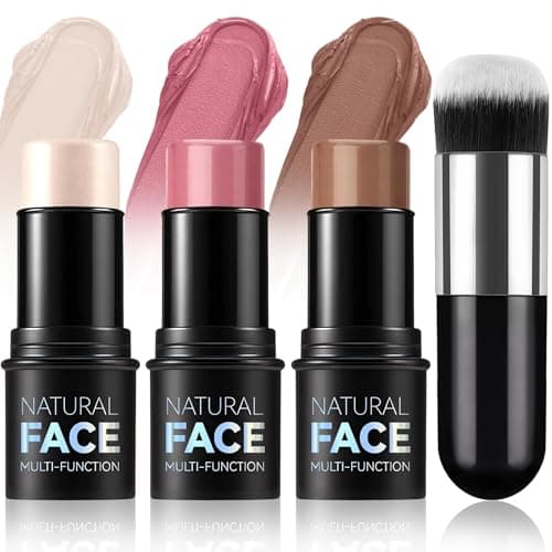 Image of 3Pcs Contour Highlighter Blush Sticks, Bronzer Contour Beauty Wand with Brush, Highlighter Cream Blush Stick, Long Lasting Smooth Waterproof Lightweight Multi Stick Face Makeup Set for All Skin