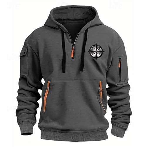 Image of Mens Hoodies Half Zip Long Sleeve Outdoor Fleece Jacket with Pocket Autumn Winter Hooded Sweatshirts Regular Fit Sports Activewear (Dark Gray, S)