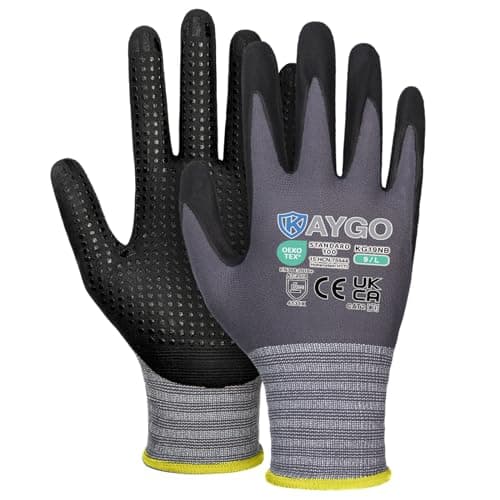 Image of KAYGO Work Gloves with Grip Dots on Palm for Anti-Slip 3 Pairs, KG19N, MicroFoam Nitrile Coated Light Oil Compatible, Seamless Knit Nylon Safety Work Gloves for Warehouse, Automotive, DIY (Grey, L)