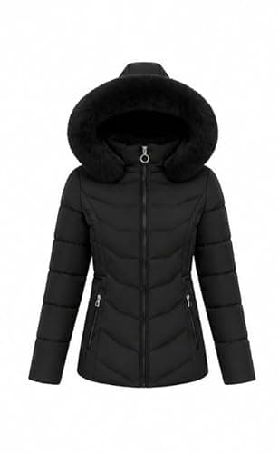 Image of NEXURGE Women's Puffer Jacket, Polyester, Faux Fur Hooded, Fleece-Lined, Slim Fit, Water Resistant, Zip Closure (UK, Alpha, L, Regular, Regular, Black)