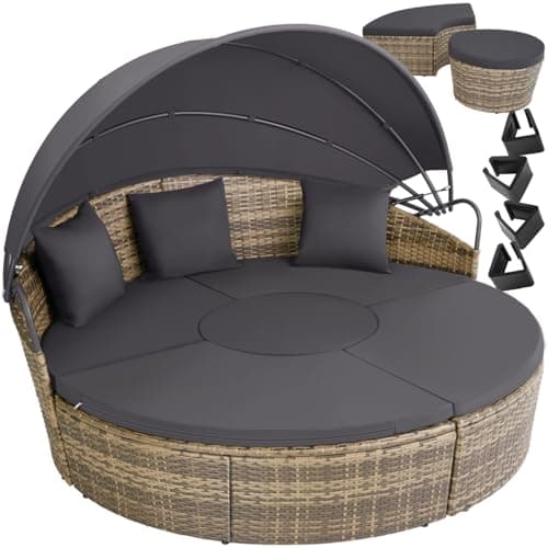 Image of tectake® 5-Piece Modular Rattan Garden Daybed with Fold-Out Sun Canopy, UV-Resistant Rattan Garden Furniture Set with Pillows, Sectional Sun Lounger Set for Patio, Backyard, Balcony - Nature